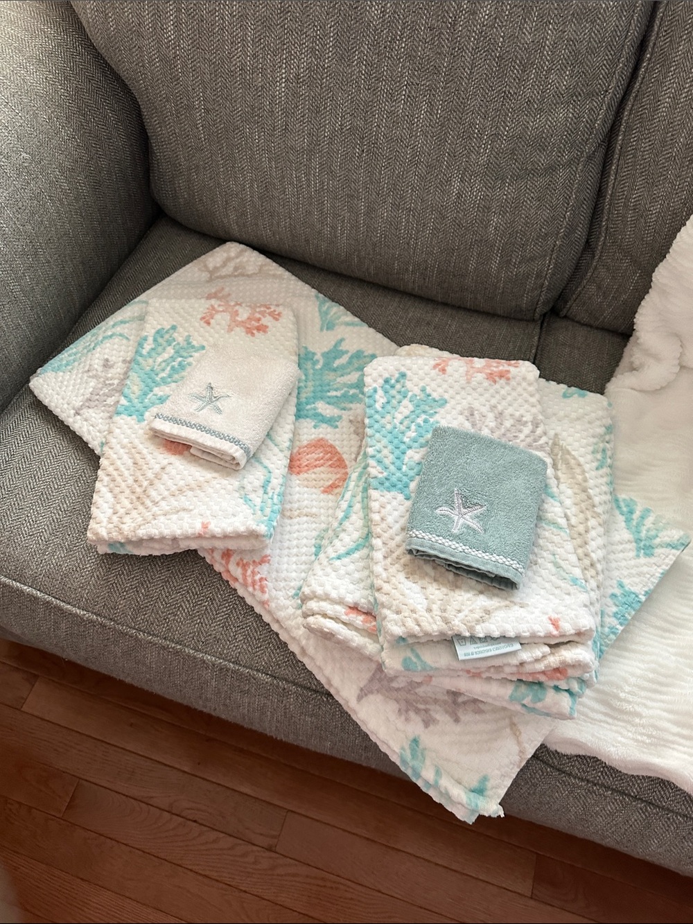 Coastal Starfish Waffle-Weave Bath Towels - Seafoam & Coral